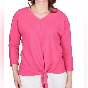 NEW Size Petite M Ruby Rd. Bright Blooms  Pucker Tie Front Pink Top Blouse $54
